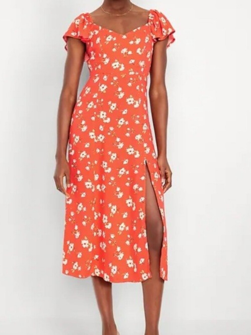 Old Navy Coral Floral Midi Dress Orange XS Ruffle Sleeve Slit